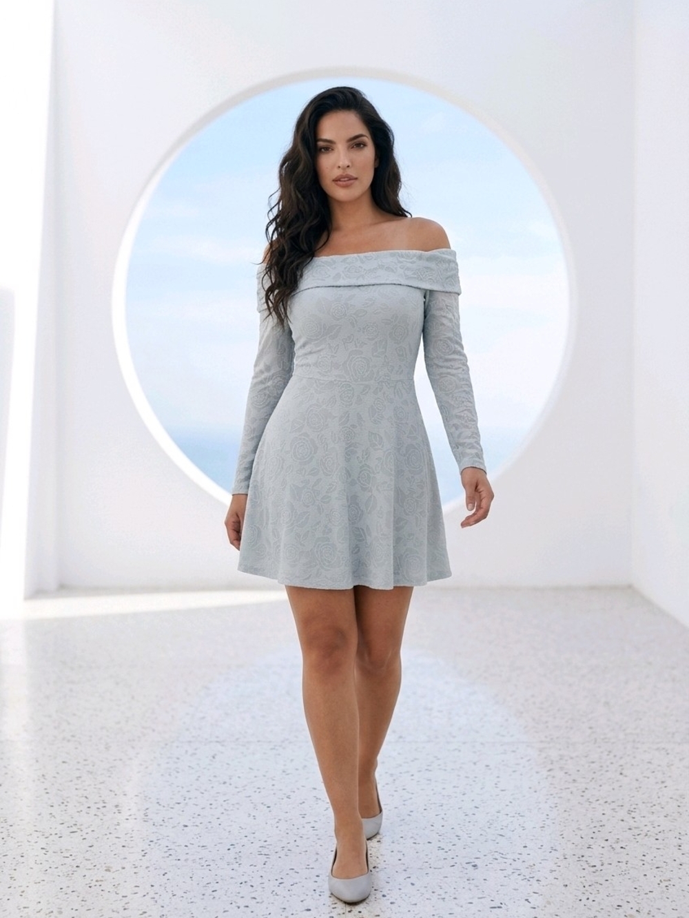 Off-Shoulder Sheer Long Sleeve Fit N Flare Dress in Light Gray Blue SZ M